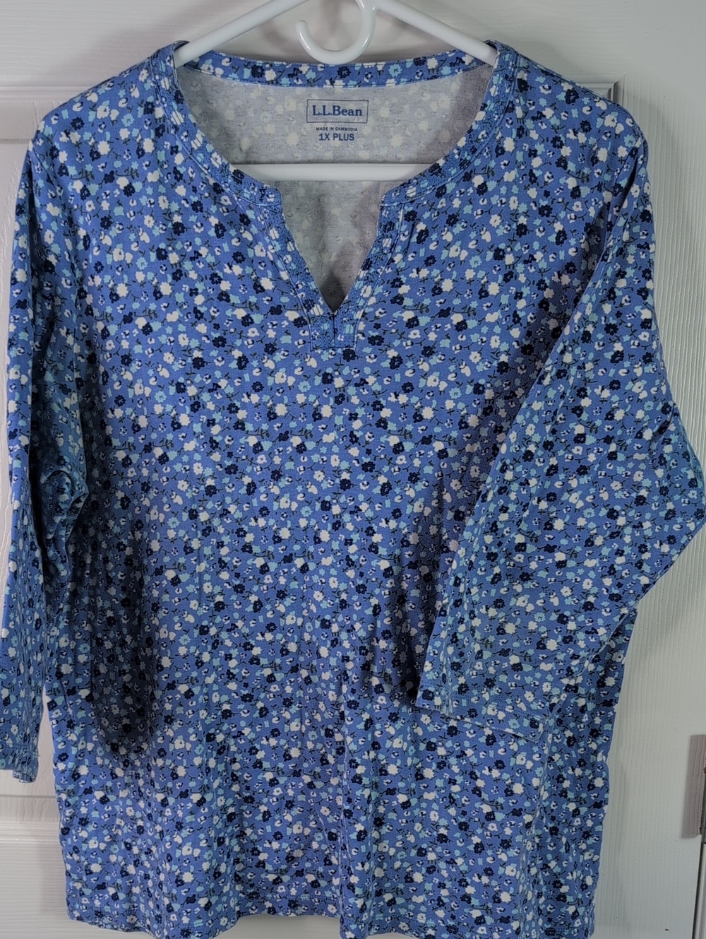 L.L. Bean 100% Cotton Blue Floral Split-Neck Tunic Size 1X